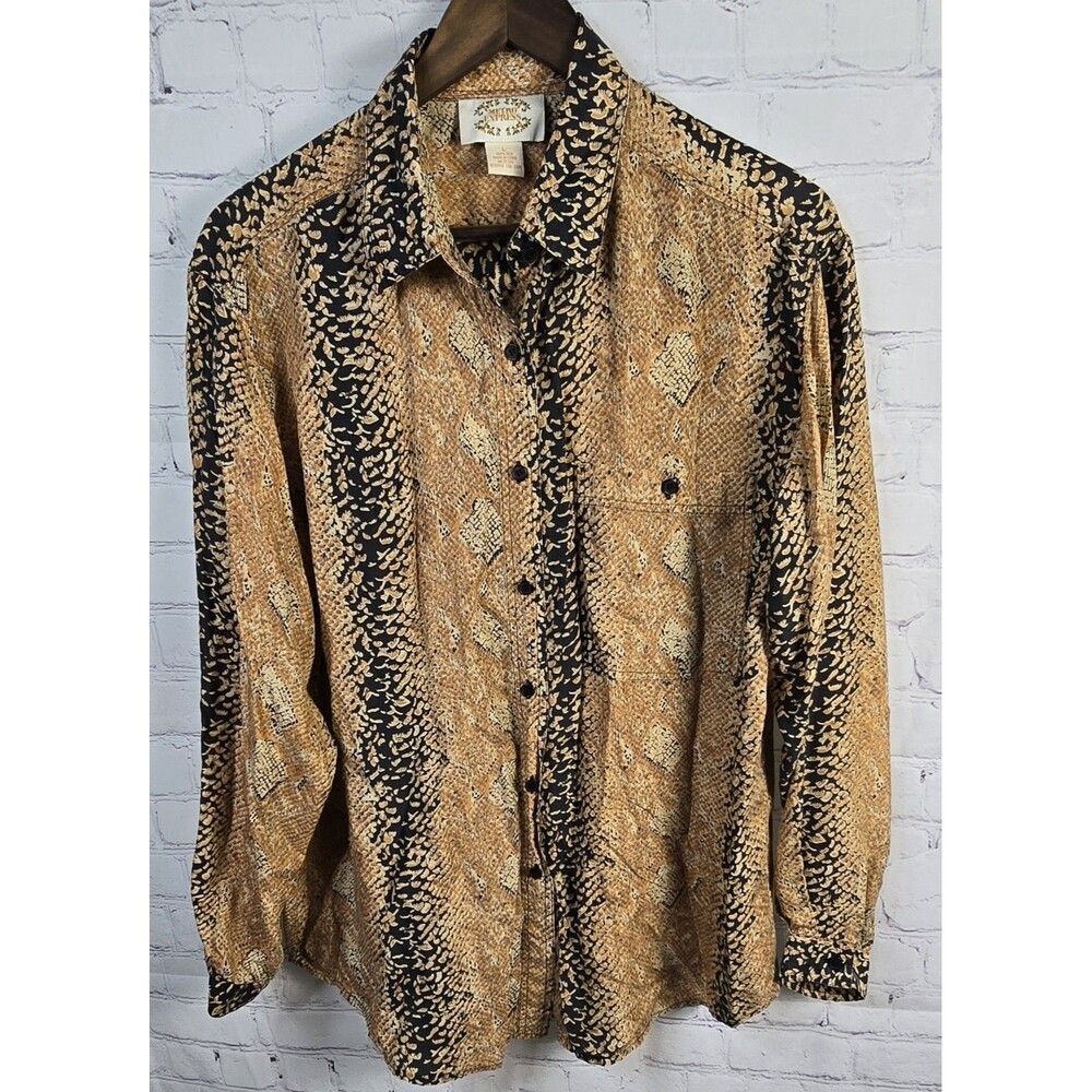 Vintage Metro Express Women's Snake Skin Print 100% Silk Button Down Sz L 90s